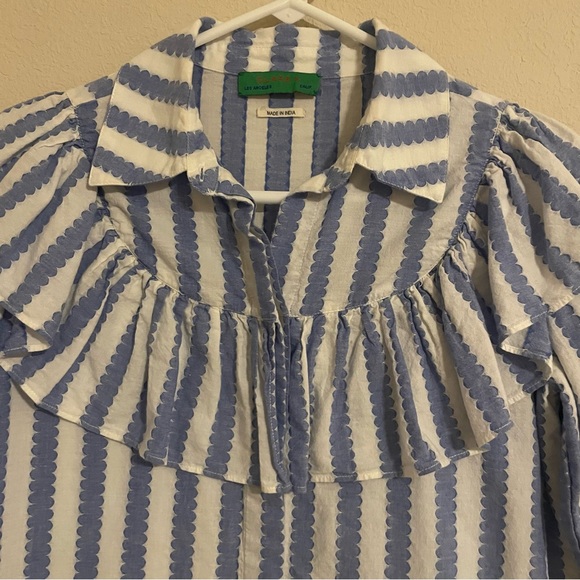 Clare V Charlotte Ruffled Striped Blue/White Blouse Size XS - Picture 6 of 10